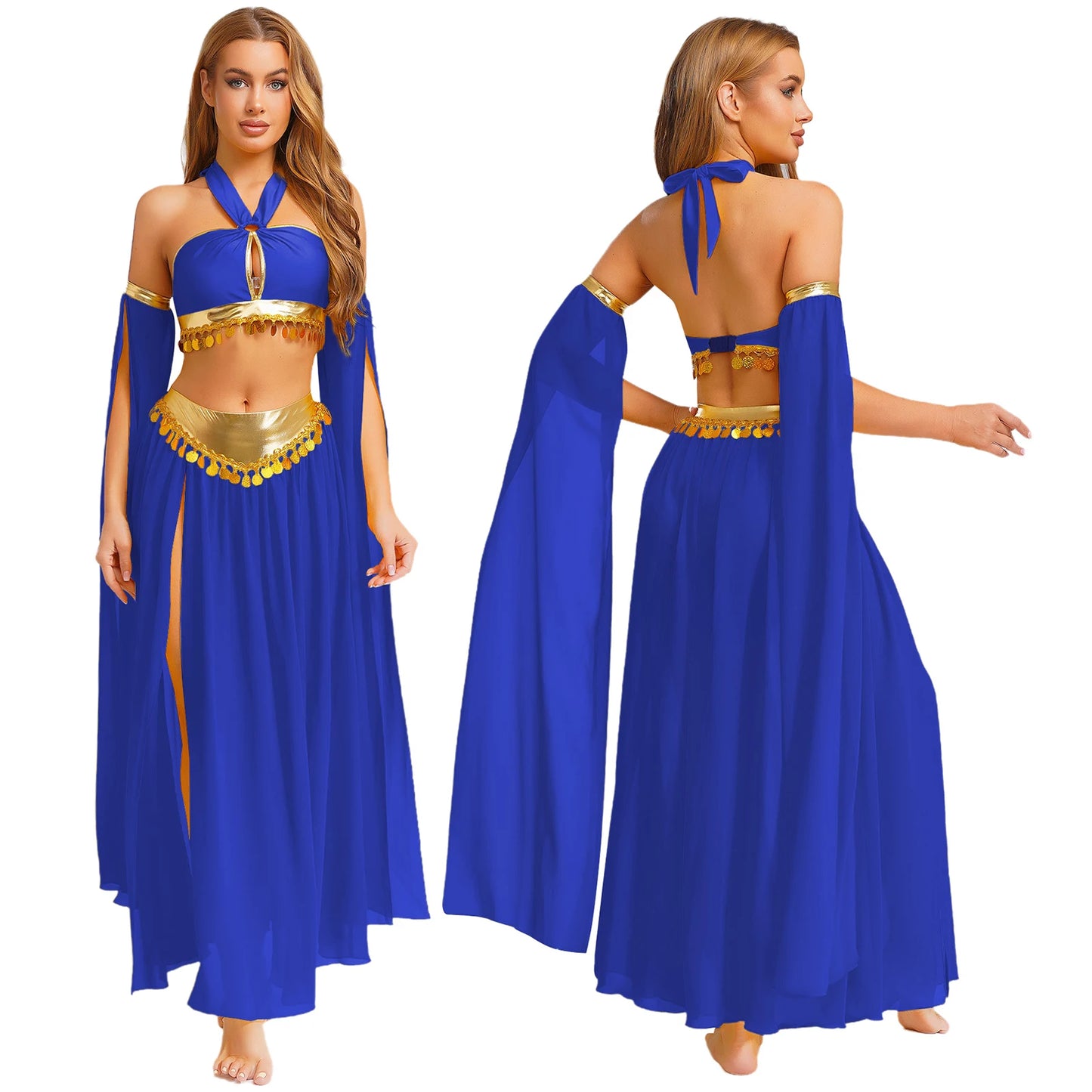 Women Halloween Cleopatra Ancient Egyptian Queen Sun Goddesses Cosplay Costume Belly Indian Dance Outfit Crop Top with Skirt