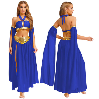 Women Halloween Cleopatra Ancient Egyptian Queen Sun Goddesses Cosplay Costume Belly Indian Dance Outfit Crop Top with Skirt