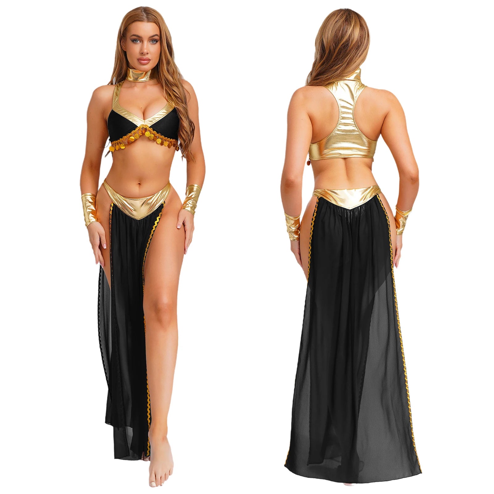 Women Halloween Cleopatra Ancient Egyptian Queen Sun Goddesses Cosplay Costume Belly Indian Dance Outfit Crop Top with Skirt
