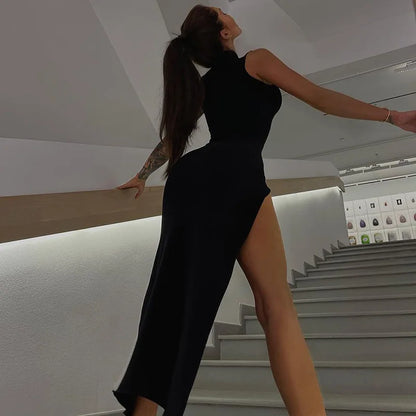 New Women'S Black Sleeveless High Neck Slit Skirt Sexy Dress for Women Club Party Dresses Skinny Fashion Summer Tank Dresses