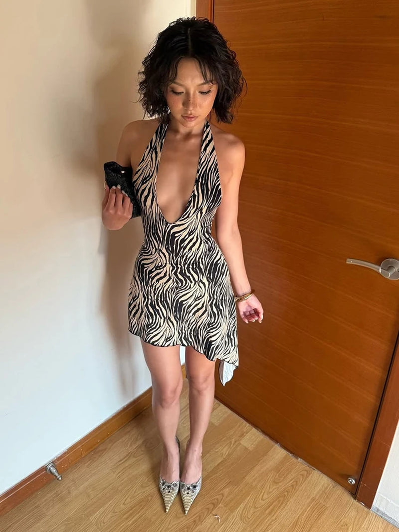 Zebra Stripes Mini Dress Woman Bandage Halter Low-Neck Sleeveless Backless Irregular Hem High Street Fashion Style Bodycon