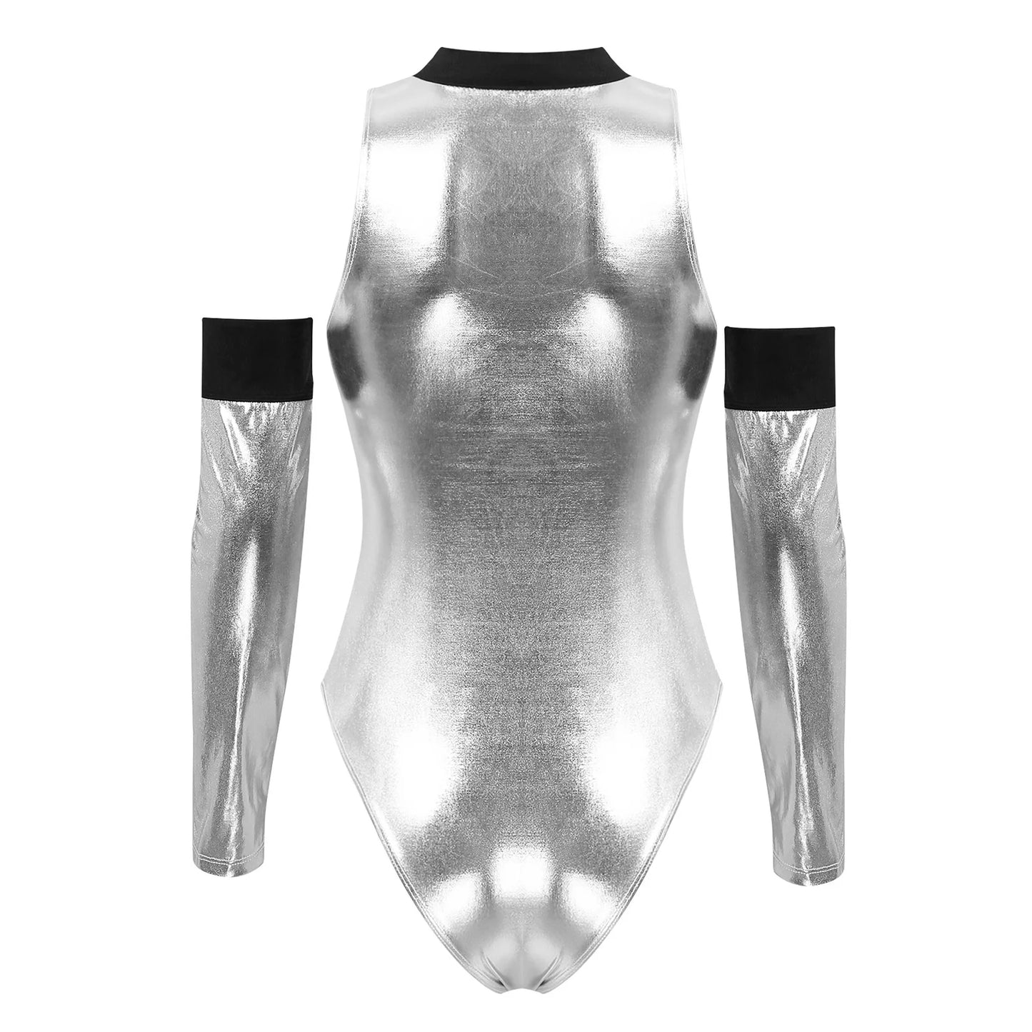 Womens Halloween Space Alien Cospaly Costume Astronaut Robot Role Play Party Metallic Shiny Zipper Bodysuit with Hair Hoop Set