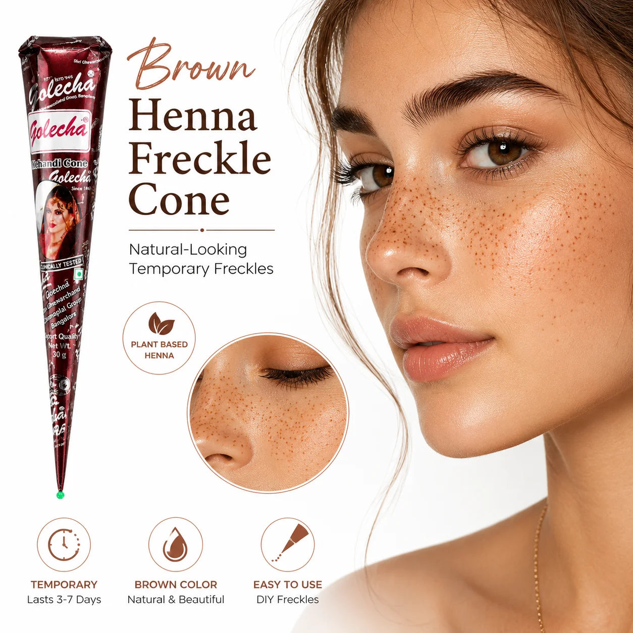 GOLECHA Brown Henna Freckle Tattoo Paste 30G Natural Body Paint Cone for Faux Freckles Temporary Tattoo Skin Tint Mehndi Art