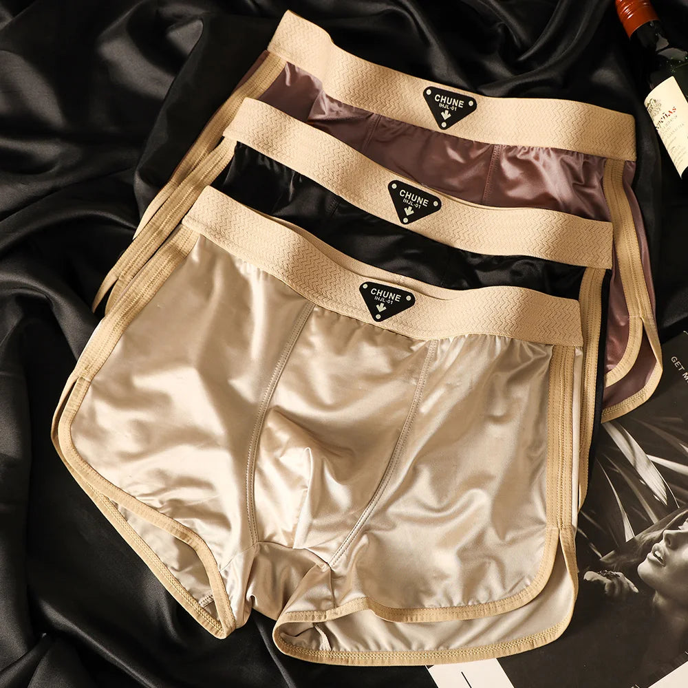 3Pcs/Pack Luxury Satin-Like Ice Silk Men'S Panties Hygroscopic Breathable Double-Layer Silk Crotch Boxer High Elastic Underpants