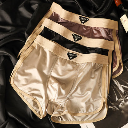 3Pcs/Pack Luxury Satin-Like Ice Silk Men'S Panties Hygroscopic Breathable Double-Layer Silk Crotch Boxer High Elastic Underpants