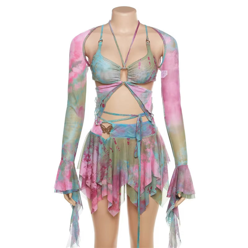 Women Y2K Ruffle Butterfly 2 Piece Outfit Sexy Fairy Backless Crop Top Wrap Mini Skirt Set Rave Festival Matching Set