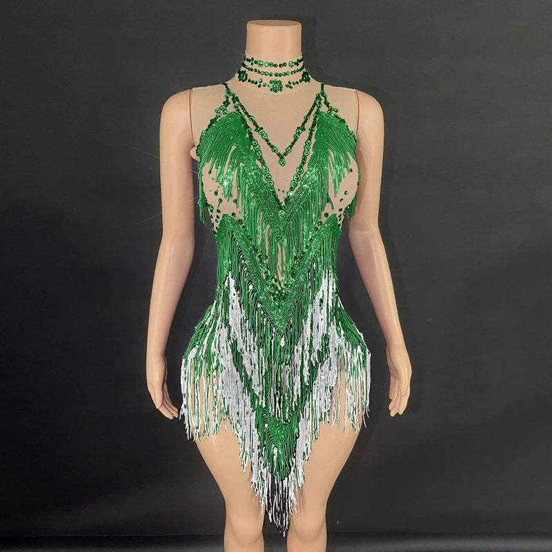 Iris Gradient Tassel Latin Dance Competition Costume Talent Performance Dress Prom Performance Costume