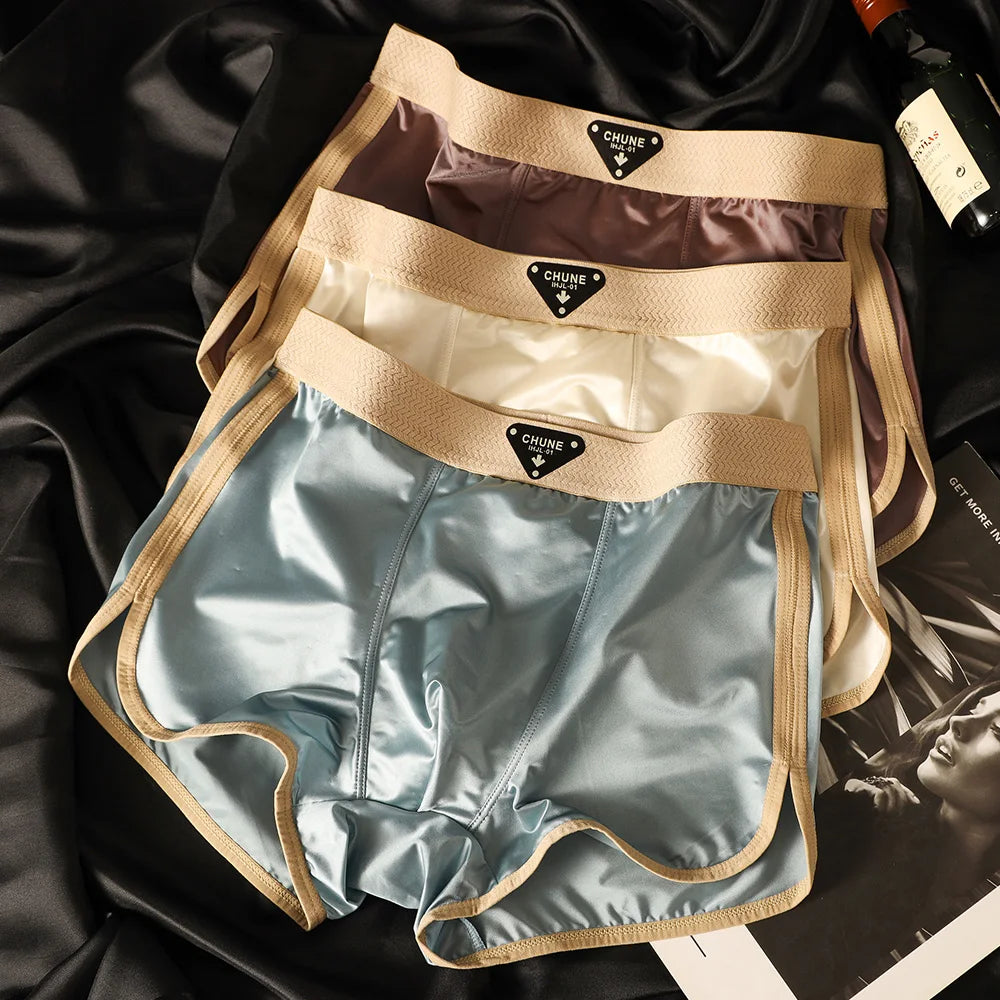 3Pcs/Pack Luxury Satin-Like Ice Silk Men'S Panties Hygroscopic Breathable Double-Layer Silk Crotch Boxer High Elastic Underpants