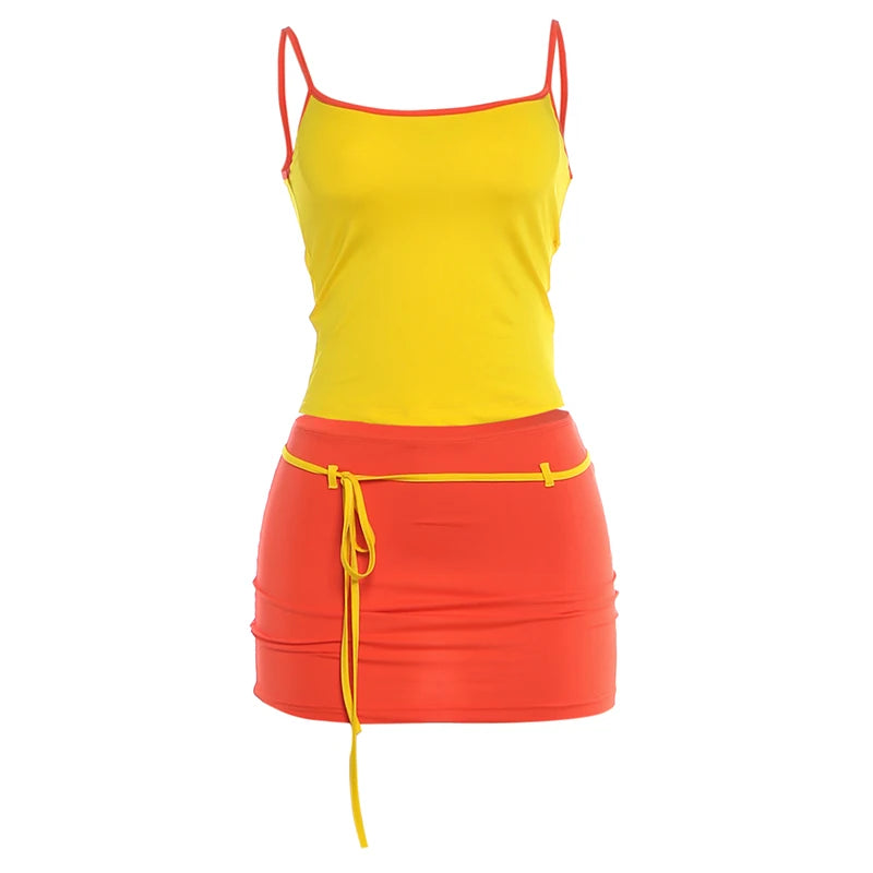 Contrast Patchwork 2 Piece Set Woman Summer Trend Low-Neck Backless Camisole Tops+Bandage Tassel Mini Skirt Y2K Style Suit