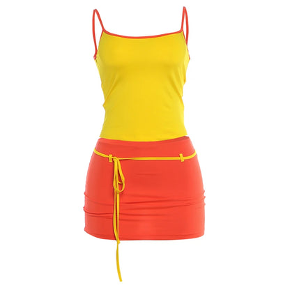 Contrast Patchwork 2 Piece Set Woman Summer Trend Low-Neck Backless Camisole Tops+Bandage Tassel Mini Skirt Y2K Style Suit