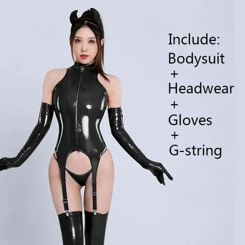 Womens Sexy Erotic Latex Leather Bodysuit Cupless Crotchless Teddy Leather Lingerie Latex Catsuit Fetish Teddies Costume
