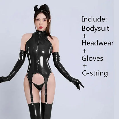 Womens Sexy Erotic Latex Leather Bodysuit Cupless Crotchless Teddy Leather Lingerie Latex Catsuit Fetish Teddies Costume