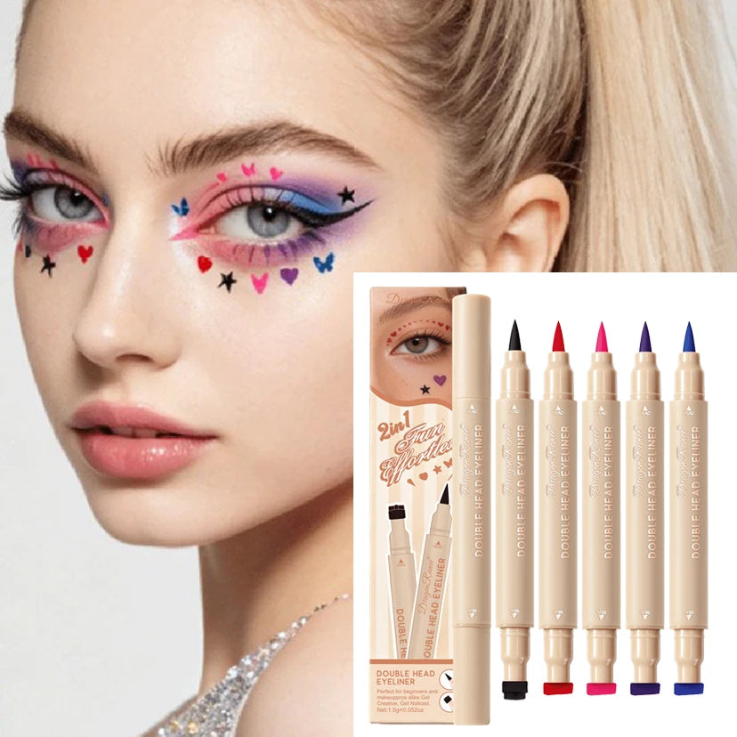 Colorful Liquid Stamp Eyeliner Red Star Heart Butterfly 2 in 1 Eye Liner Pencil Purple Pink Waterproof Eye Template Makeup Tool