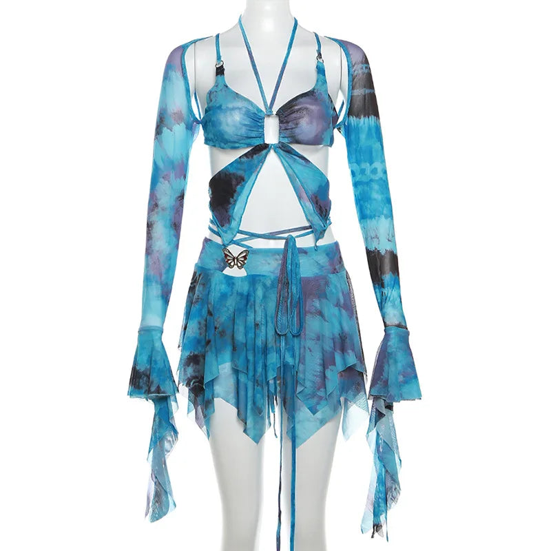 Women Y2K Ruffle Butterfly 2 Piece Outfit Sexy Fairy Backless Crop Top Wrap Mini Skirt Set Rave Festival Matching Set