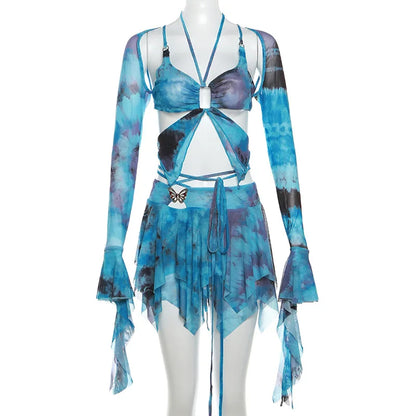 Women Y2K Ruffle Butterfly 2 Piece Outfit Sexy Fairy Backless Crop Top Wrap Mini Skirt Set Rave Festival Matching Set