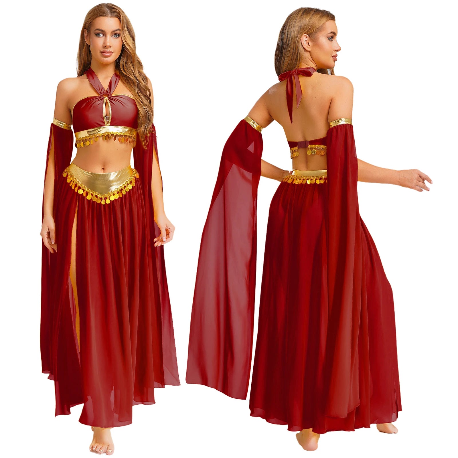 Women Halloween Cleopatra Ancient Egyptian Queen Sun Goddesses Cosplay Costume Belly Indian Dance Outfit Crop Top with Skirt