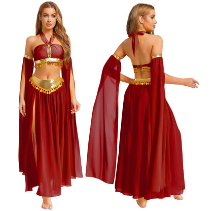 Women Halloween Cleopatra Ancient Egyptian Queen Sun Goddesses Cosplay Costume Belly Indian Dance Outfit Crop Top with Skirt